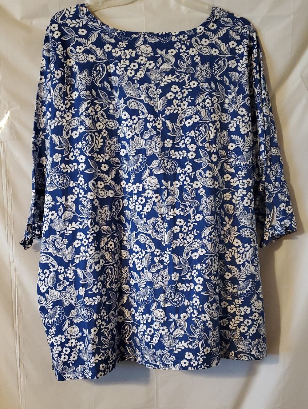 Woman Within 3X Top Blue & White Floral Scoop-Neck Long Sleeve with end ties NEW - Picture 5 of 12